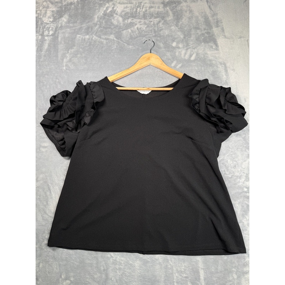 Liz Claiborne Blouse Top Womens XL Black Round Neck Ruffle Floral Sleeve Stretch